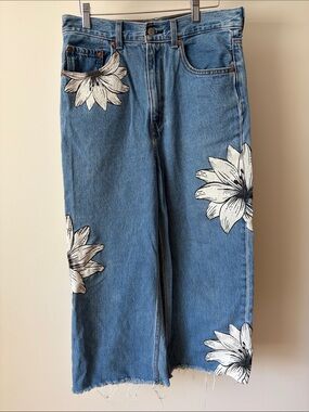 Levi's Blue Denim Wide-Leg Jeans with White Floral Prints